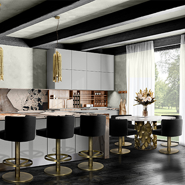 KOI DINING TABLE, SAKI PENDANT LIGHT, BOURBON II DINING CHAIR, BOURBON II COUNTER STOOL